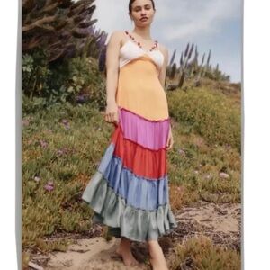 Anthropologie Tiered Ruffle Rainbow Pom Pom dress